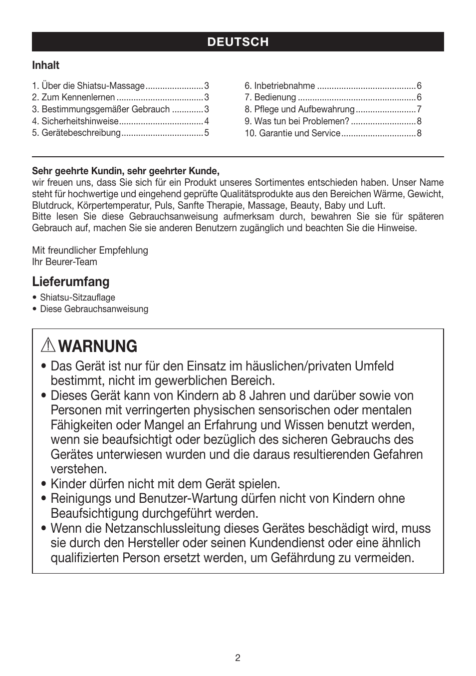 Warnung | Beurer MG 240 User Manual | Page 2 / 60