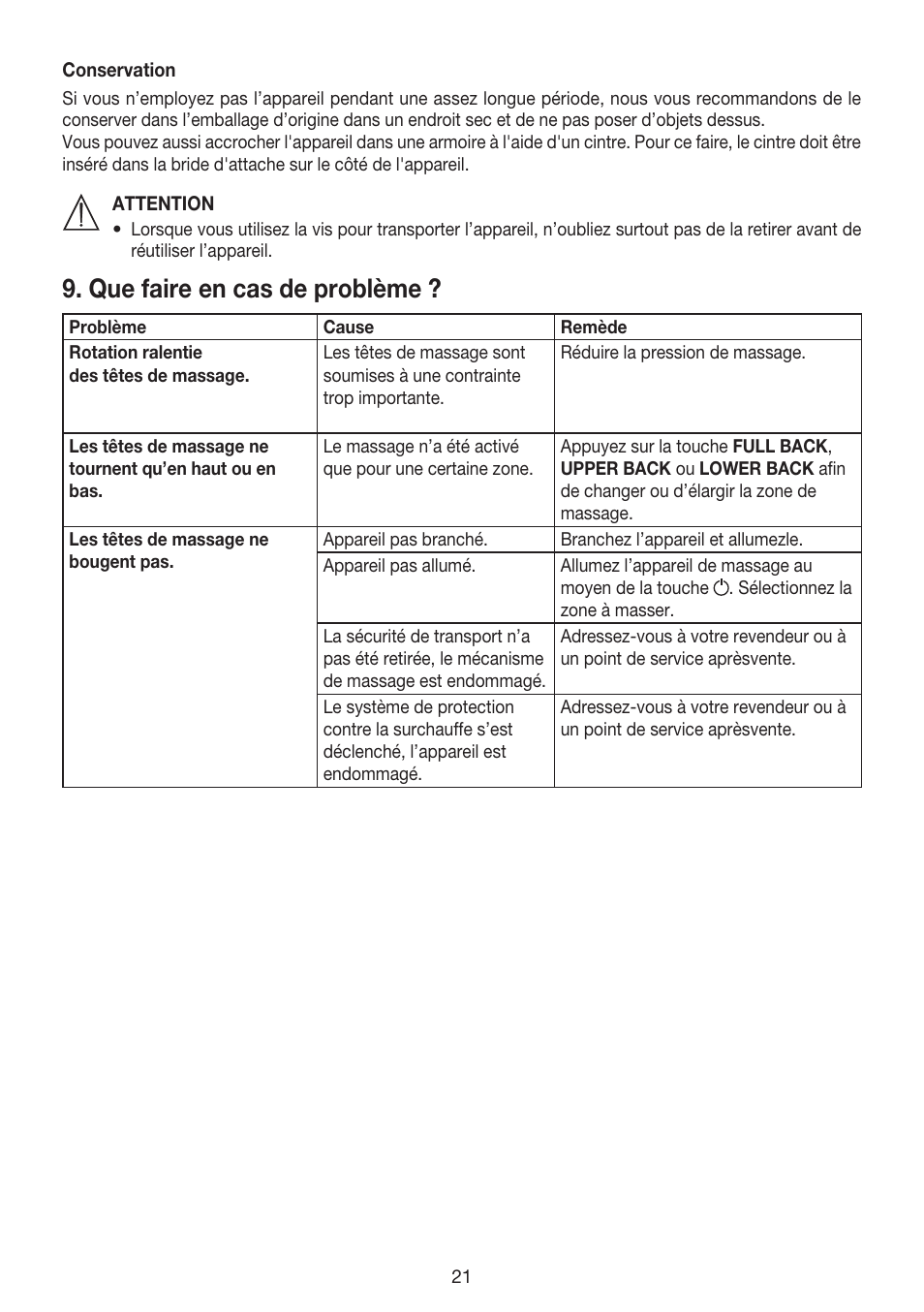 Que faire en cas de problème | Beurer MG 240 User Manual | Page 21 / 60