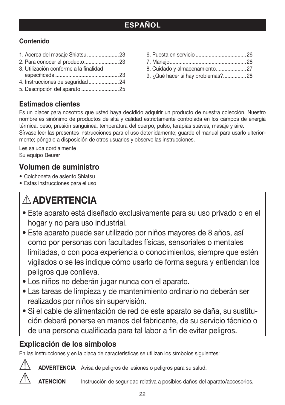 Advertencia | Beurer MG 240 User Manual | Page 22 / 60