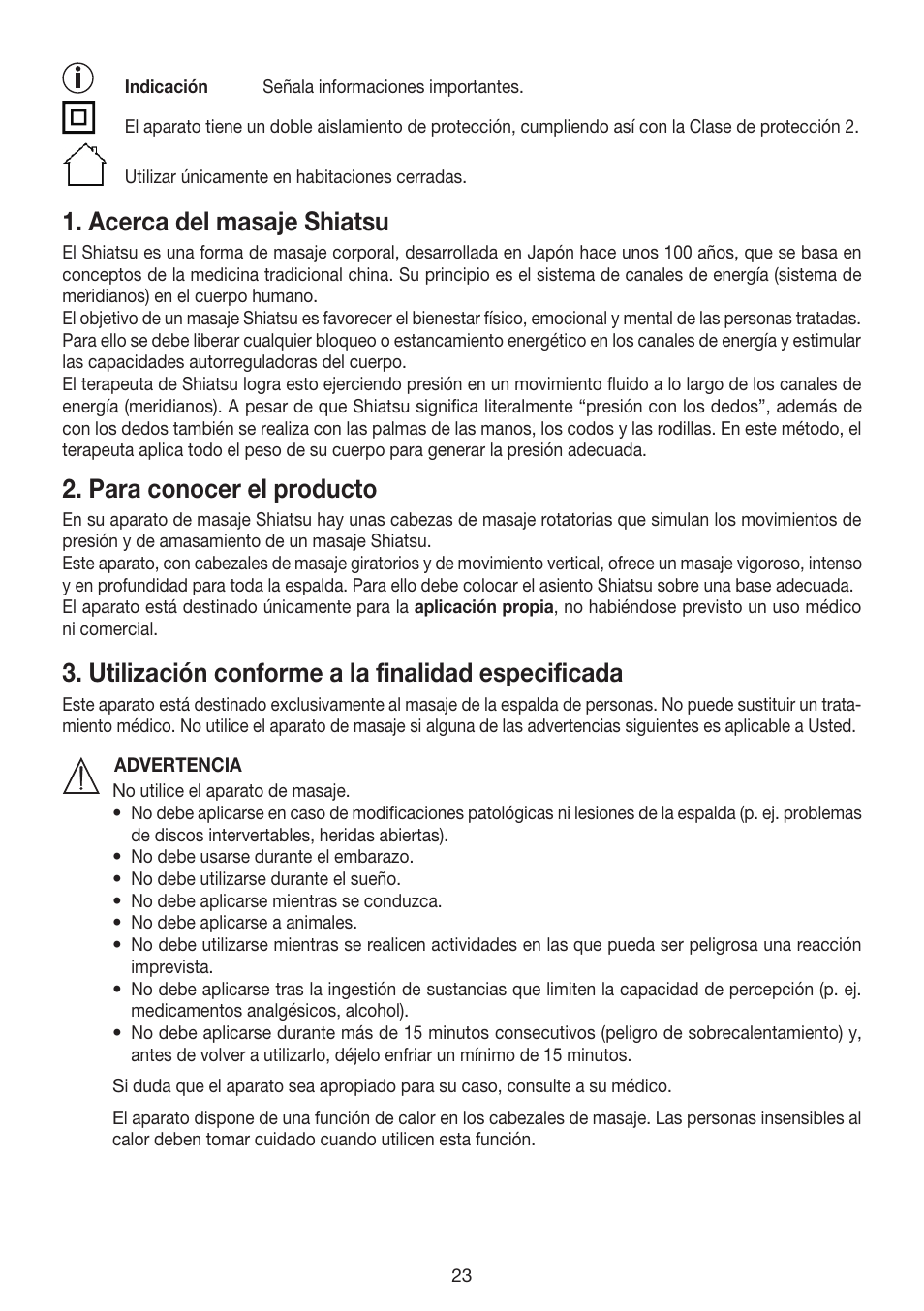 Acerca del masaje shiatsu, Para conocer el producto, Utilización conforme a la finalidad especificada | Beurer MG 240 User Manual | Page 23 / 60