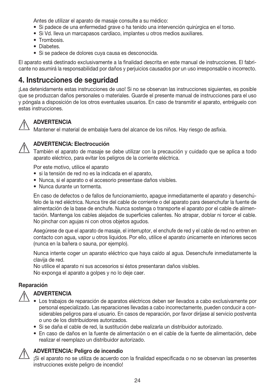 Instrucciones de seguridad | Beurer MG 240 User Manual | Page 24 / 60