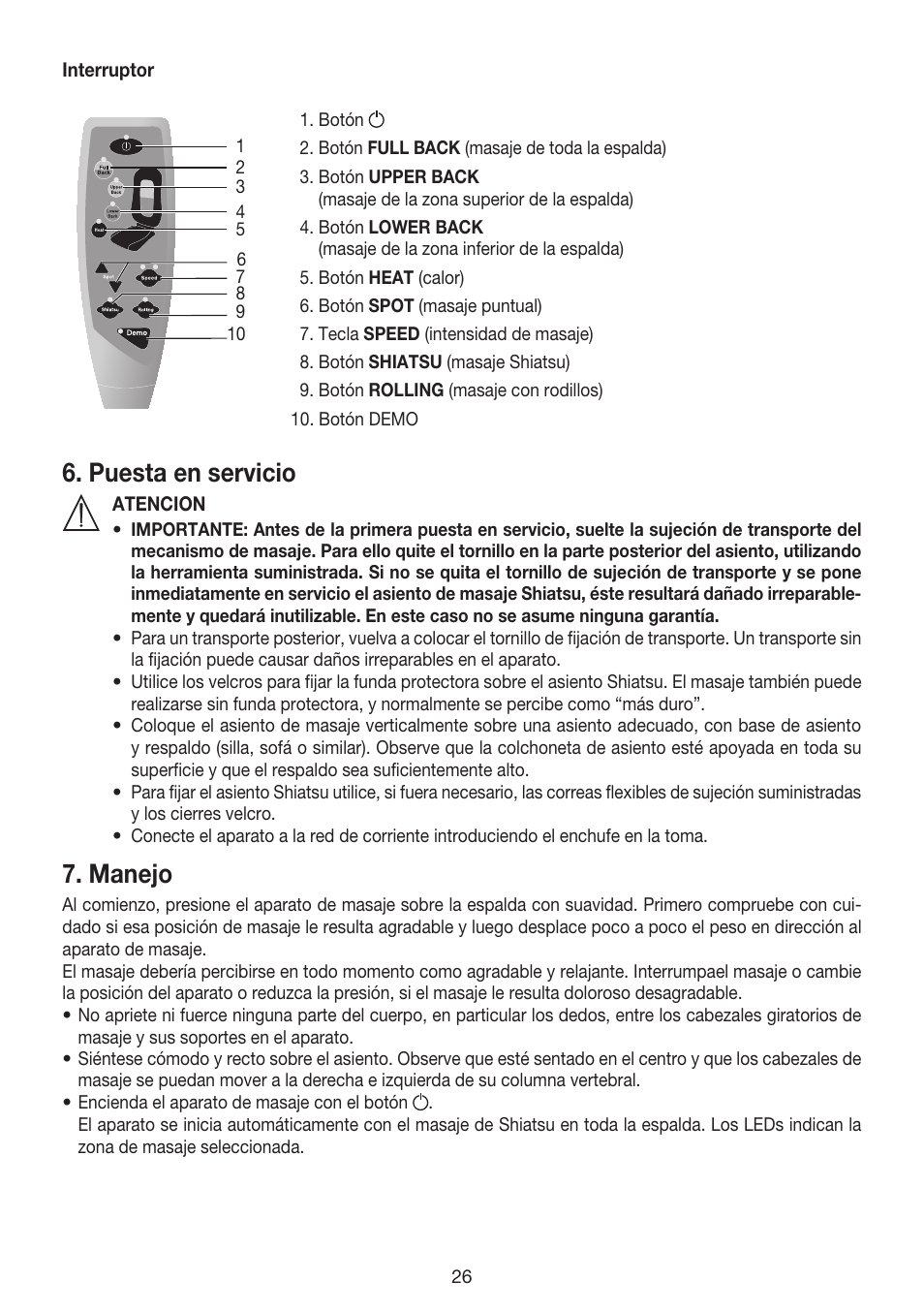 Puesta en servicio, Manejo | Beurer MG 240 User Manual | Page 26 / 60