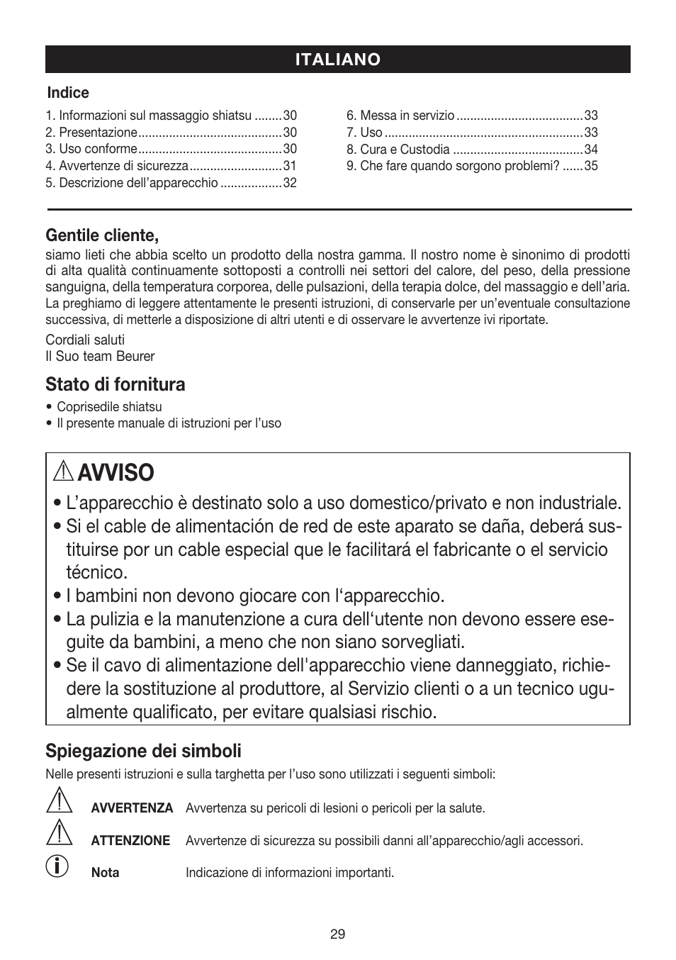 Avviso, Stato di fornitura | Beurer MG 240 User Manual | Page 29 / 60