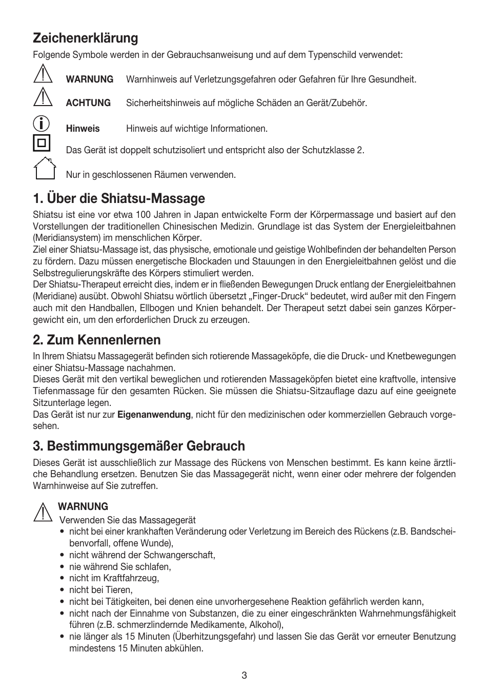 Zeichenerklärung, Über die shiatsu-massage, Zum kennenlernen | Bestimmungsgemäßer gebrauch | Beurer MG 240 User Manual | Page 3 / 60