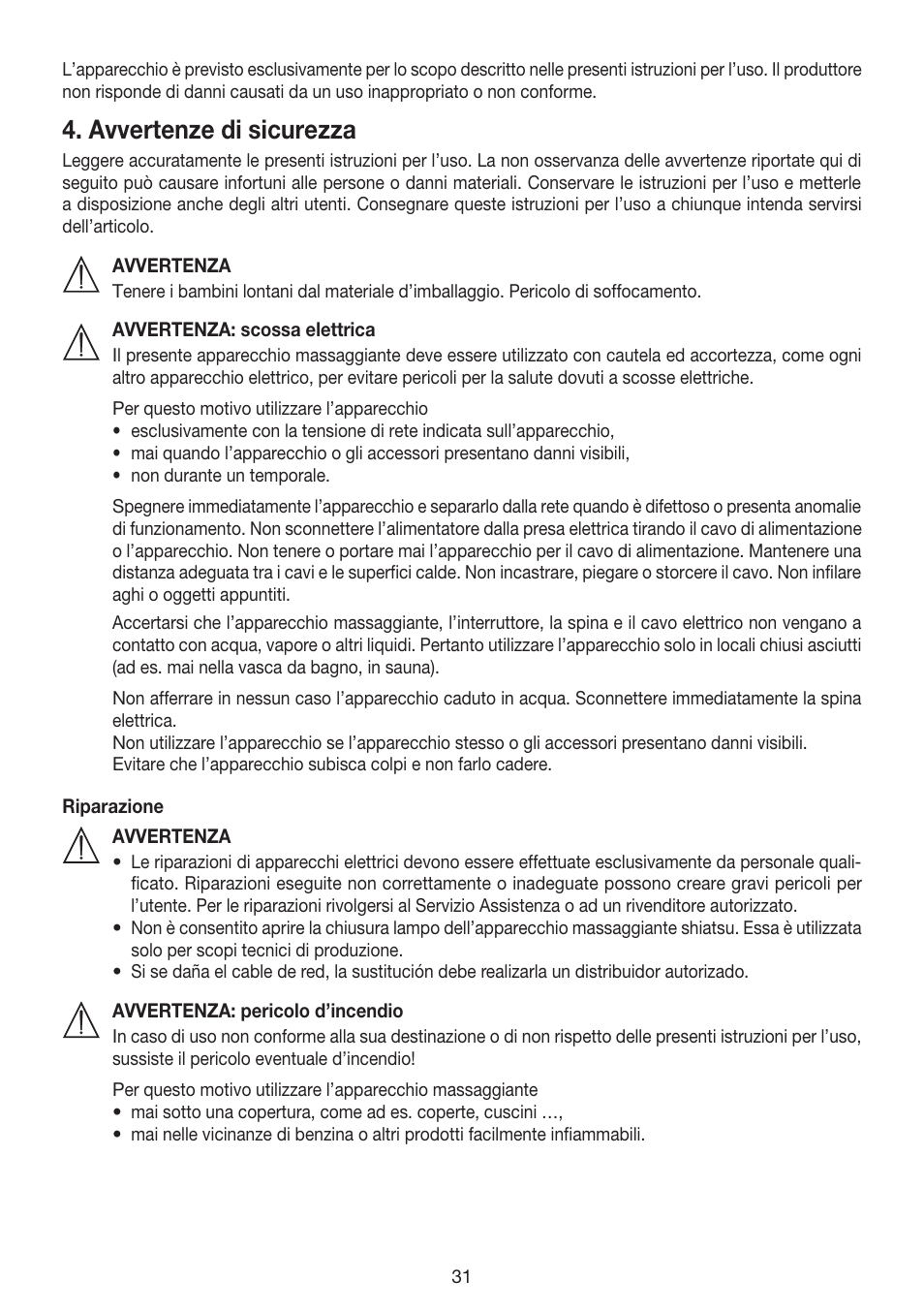 Avvertenze di sicurezza | Beurer MG 240 User Manual | Page 31 / 60