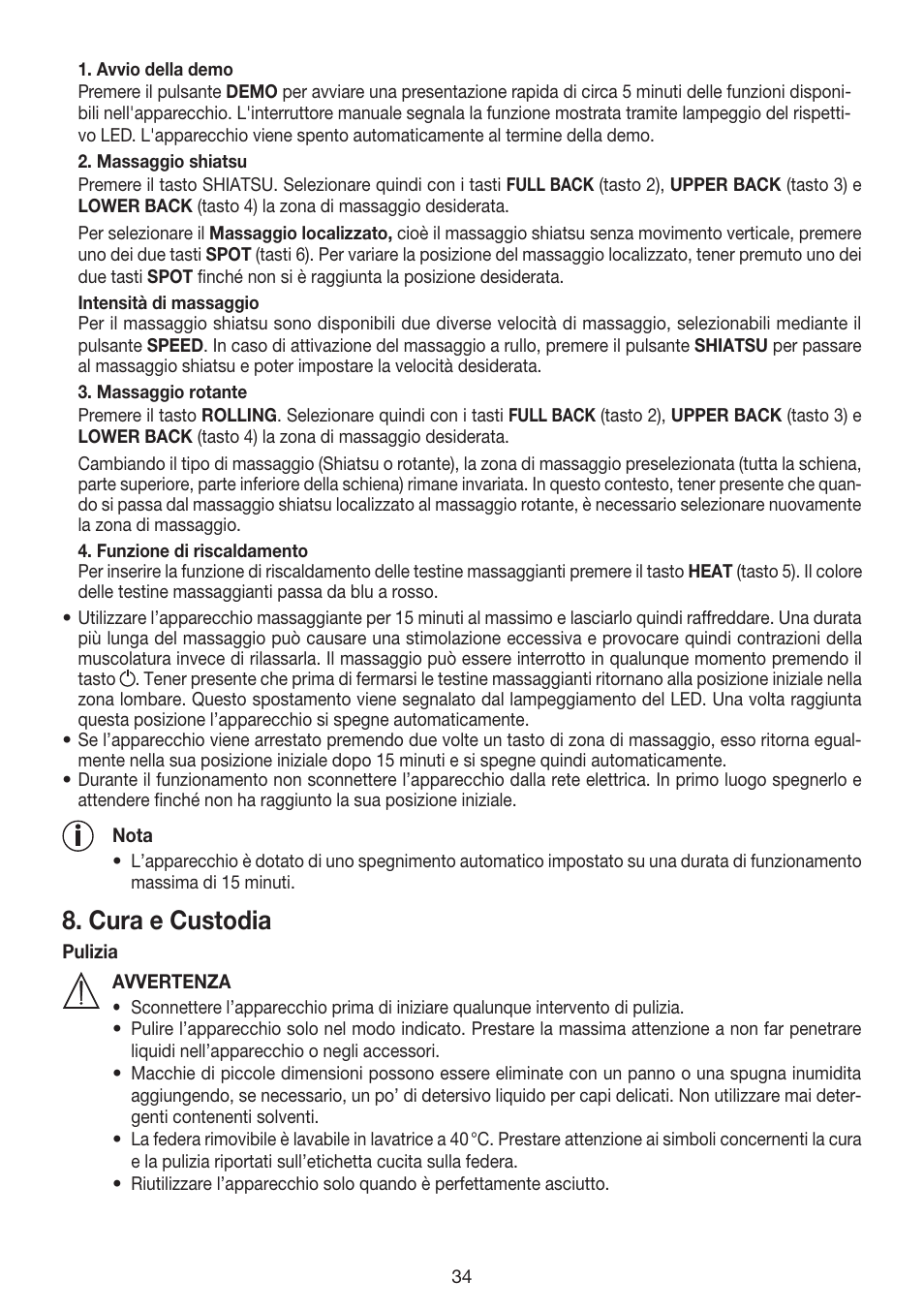 Cura e custodia | Beurer MG 240 User Manual | Page 34 / 60