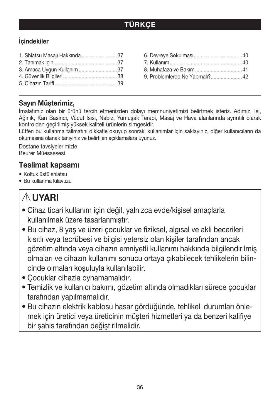 Uyari | Beurer MG 240 User Manual | Page 36 / 60