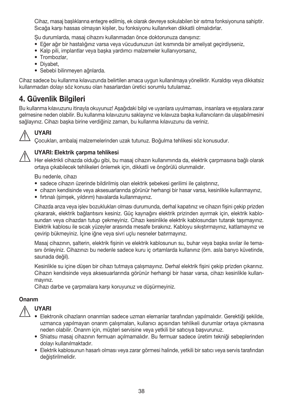 Güvenlik bilgileri | Beurer MG 240 User Manual | Page 38 / 60