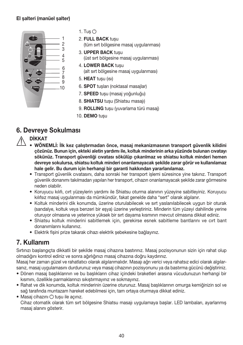 Devreye sokulması, Kullanım | Beurer MG 240 User Manual | Page 40 / 60