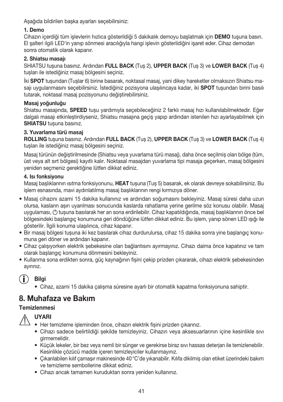 Muhafaza ve bakım | Beurer MG 240 User Manual | Page 41 / 60