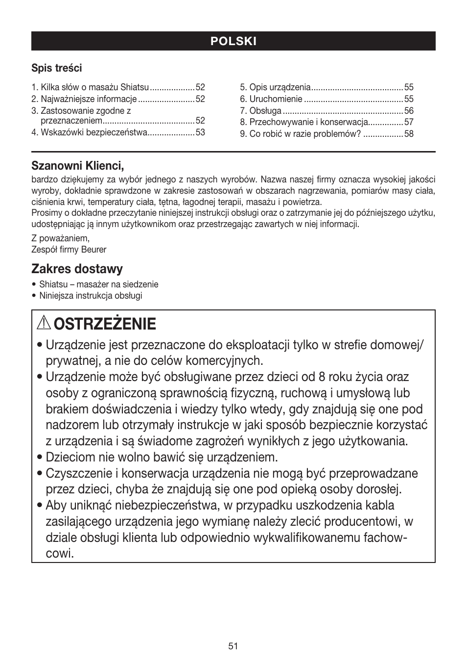 Ostrzeżenie | Beurer MG 240 User Manual | Page 51 / 60
