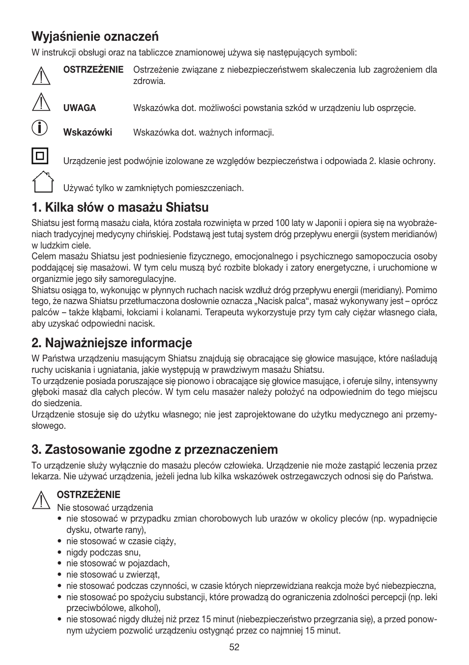 Wyjaśnienie oznaczeń, Kilka słów o masażu shiatsu, Najważniejsze informacje | Zastosowanie zgodne z przeznaczeniem | Beurer MG 240 User Manual | Page 52 / 60