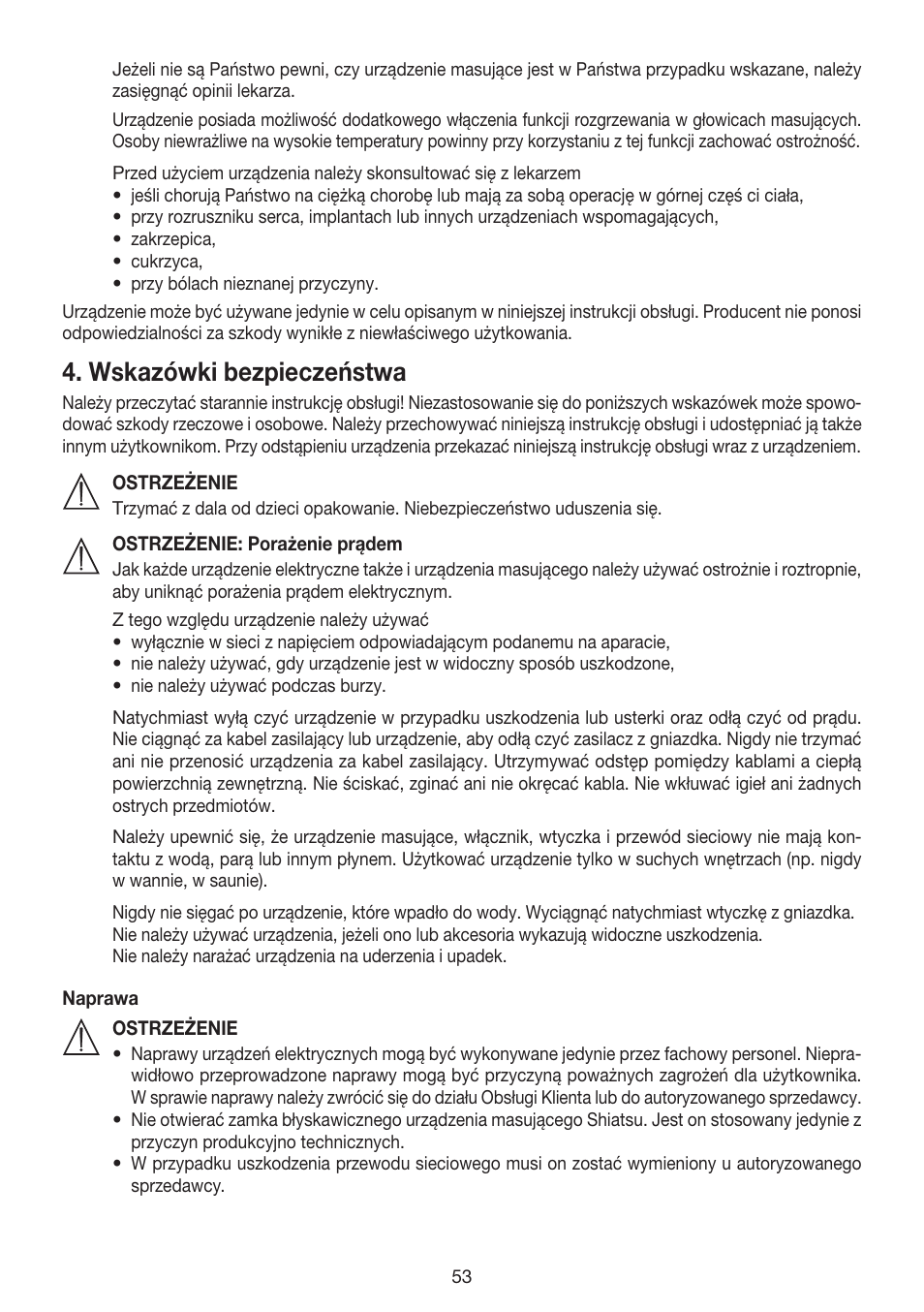 Wskazówki bezpieczeństwa | Beurer MG 240 User Manual | Page 53 / 60