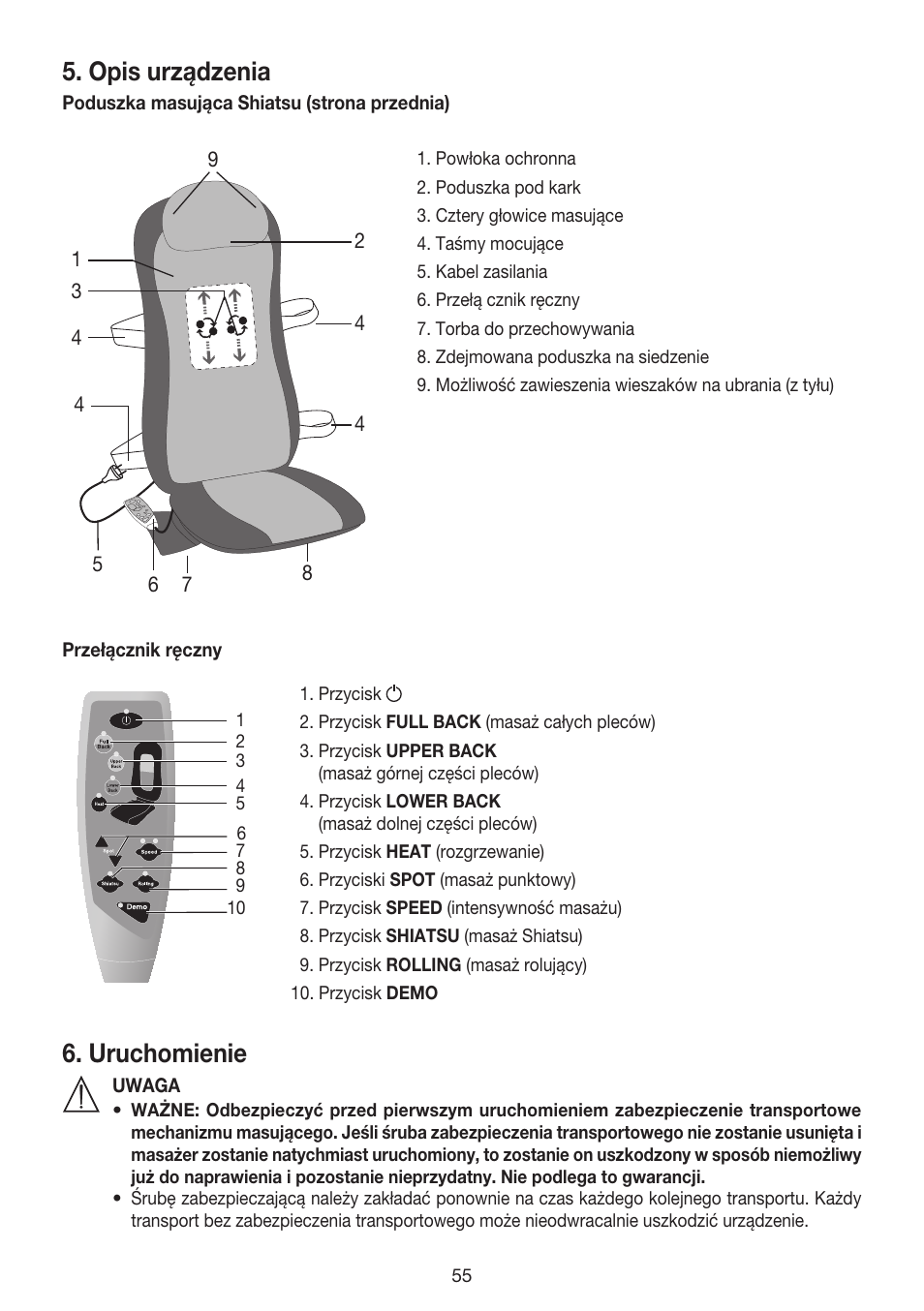 Opis urządzenia, Uruchomienie | Beurer MG 240 User Manual | Page 55 / 60