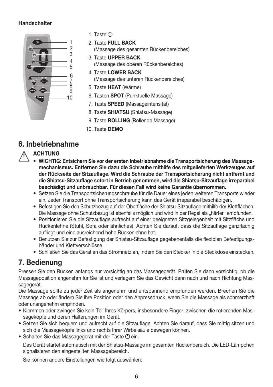 Inbetriebnahme, Bedienung | Beurer MG 240 User Manual | Page 6 / 60