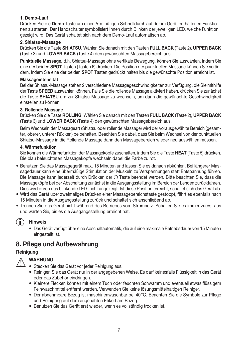 Pflege und aufbewahrung | Beurer MG 240 User Manual | Page 7 / 60