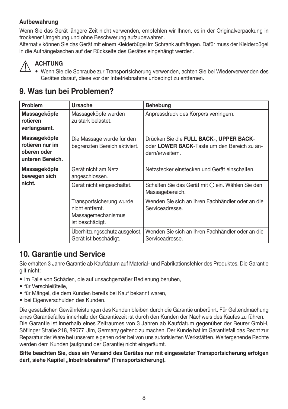 Was tun bei problemen, Garantie und service | Beurer MG 240 User Manual | Page 8 / 60