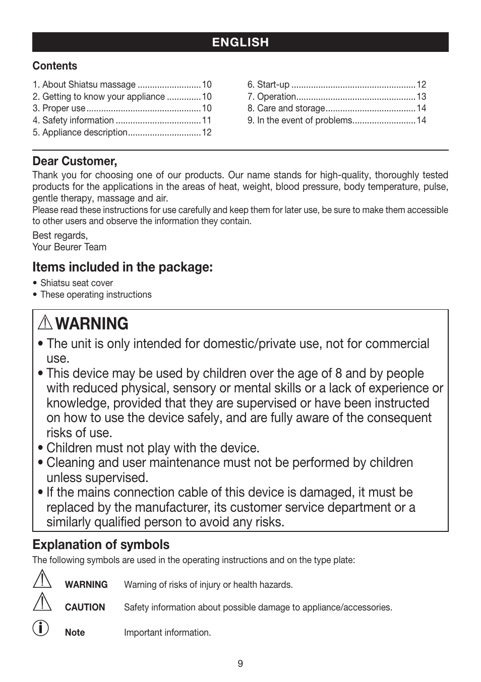 Warning, Items included in the package | Beurer MG 240 User Manual | Page 9 / 60