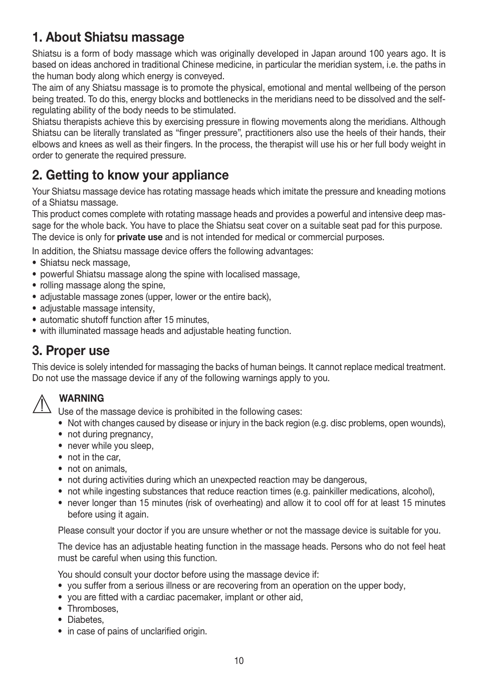 About shiatsu massage, Getting to know your appliance, Proper use | Beurer MG 250 User Manual | Page 10 / 60