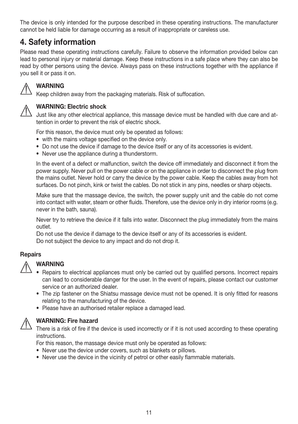 Safety information | Beurer MG 250 User Manual | Page 11 / 60