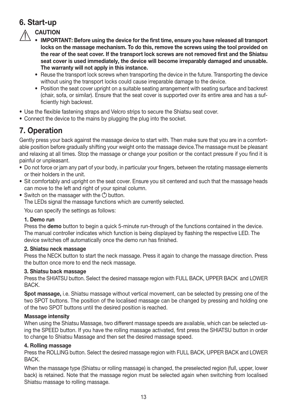 Start-up, Operation | Beurer MG 250 User Manual | Page 13 / 60