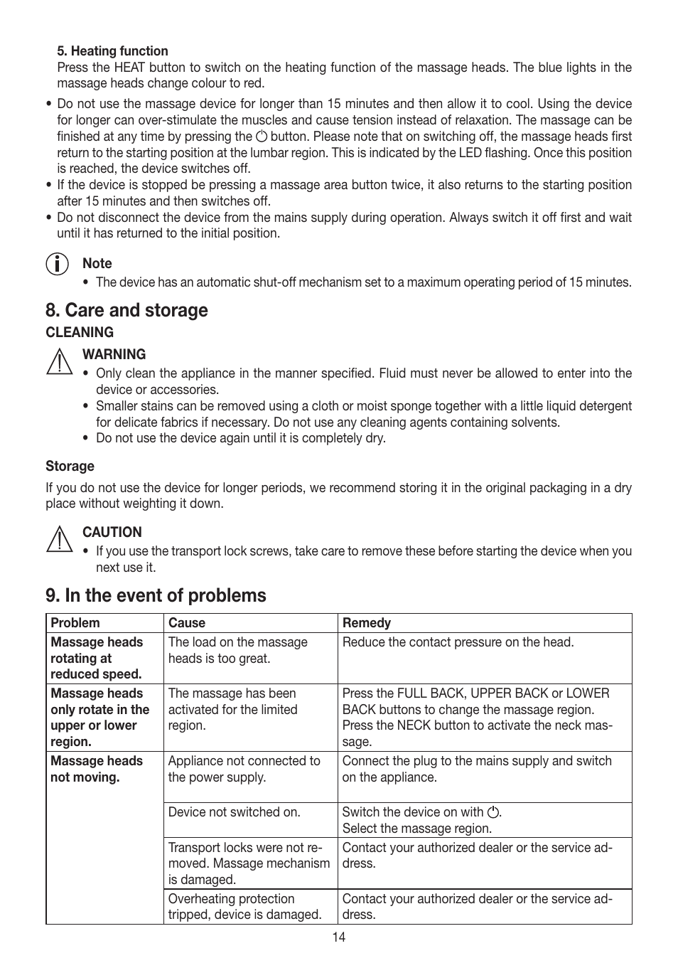 Care and storage | Beurer MG 250 User Manual | Page 14 / 60