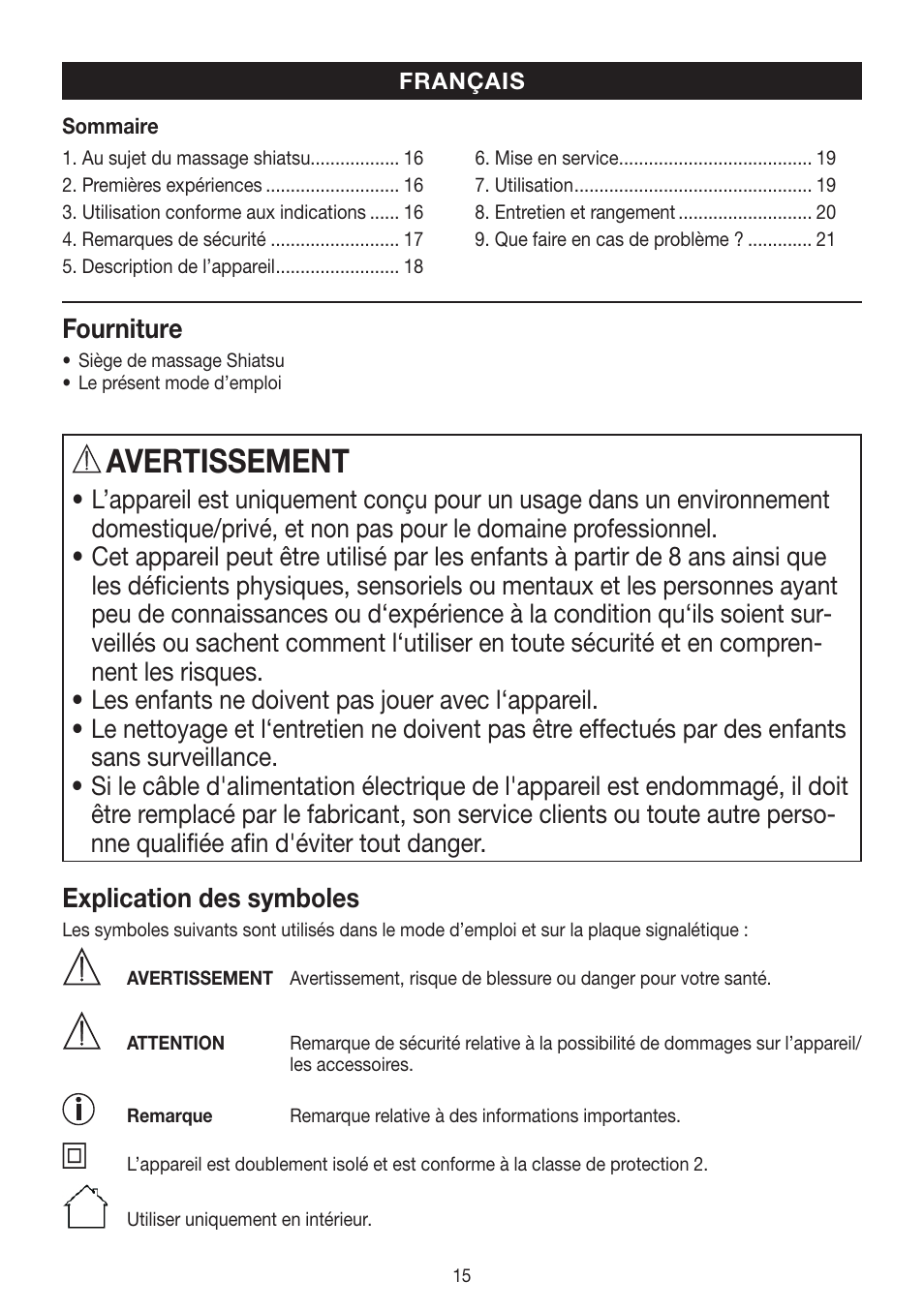 Avertissement, Fourniture, Explication des symboles | Beurer MG 250 User Manual | Page 15 / 60