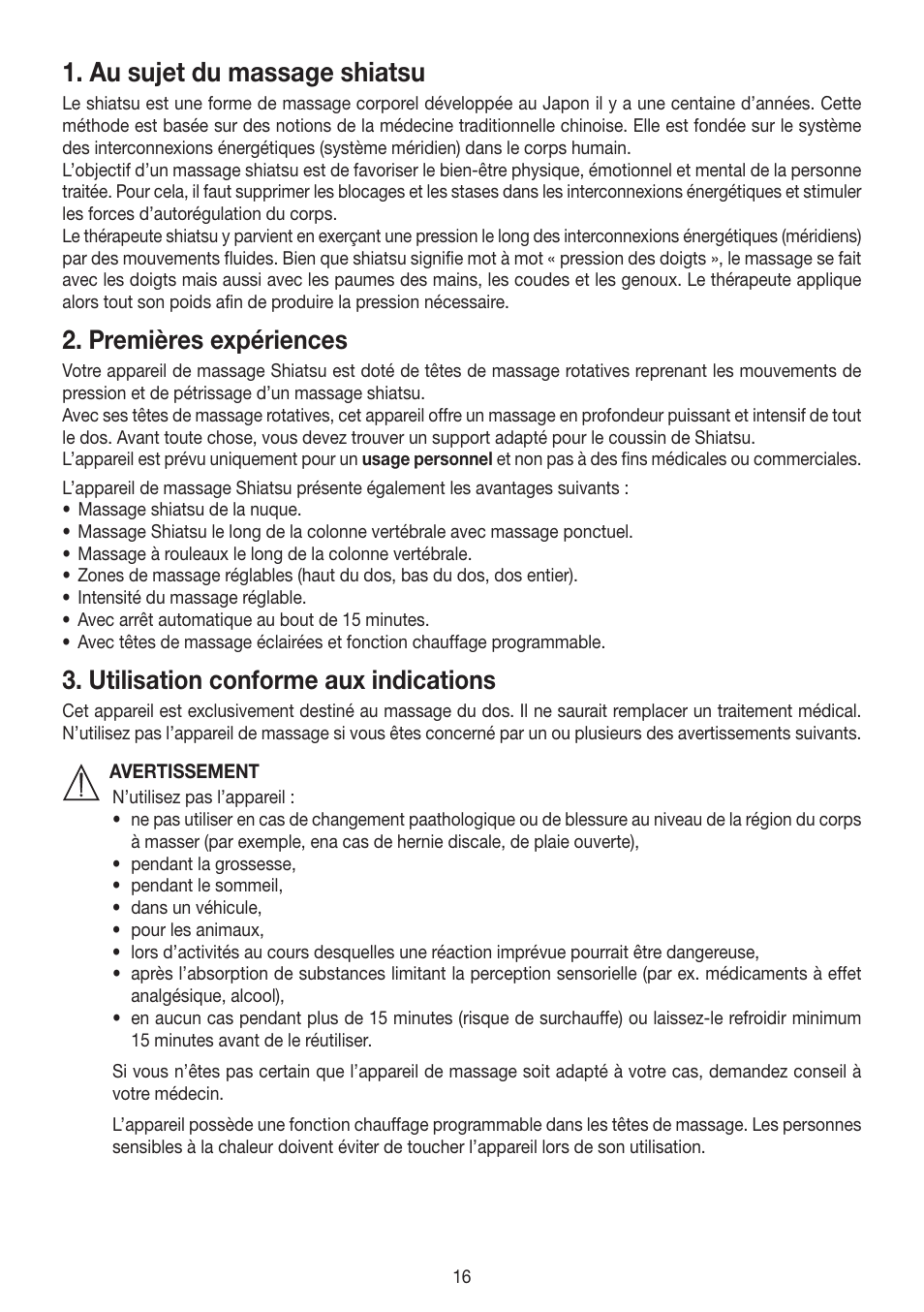 Au sujet du massage shiatsu, Premières expériences, Utilisation conforme aux indications | Beurer MG 250 User Manual | Page 16 / 60