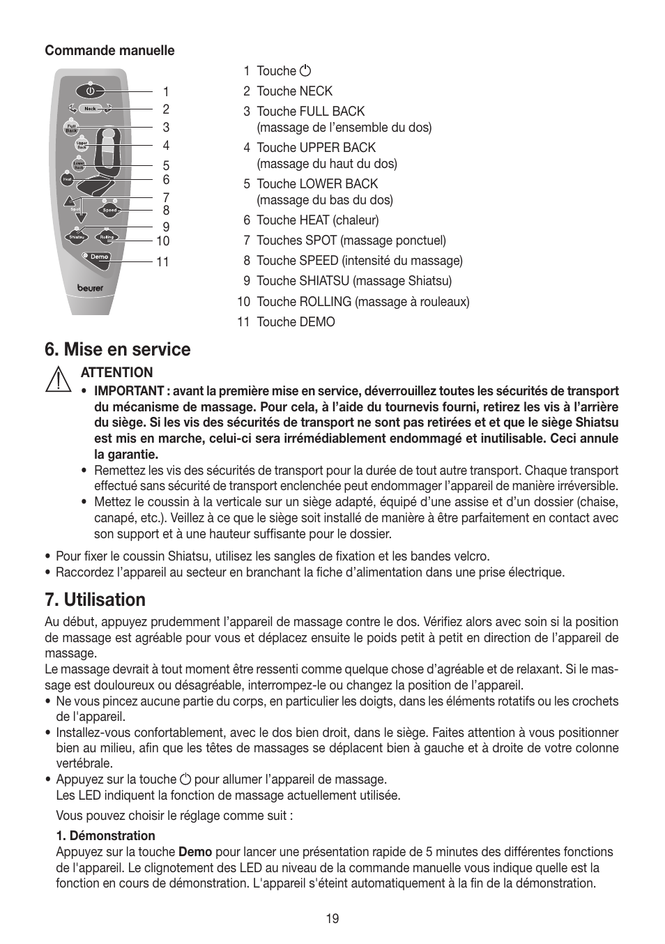 Mise en service, Utilisation | Beurer MG 250 User Manual | Page 19 / 60