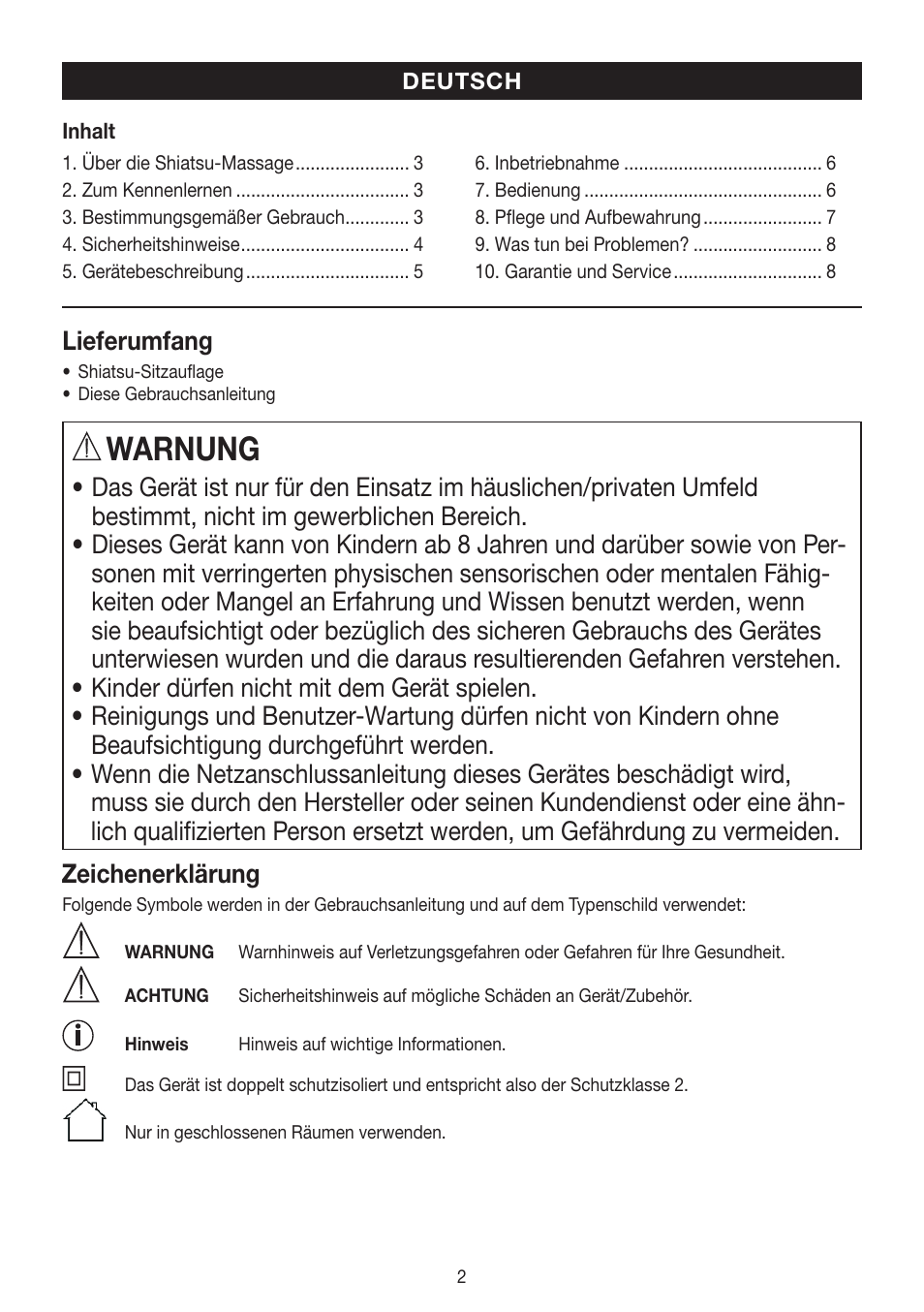 Warnung | Beurer MG 250 User Manual | Page 2 / 60