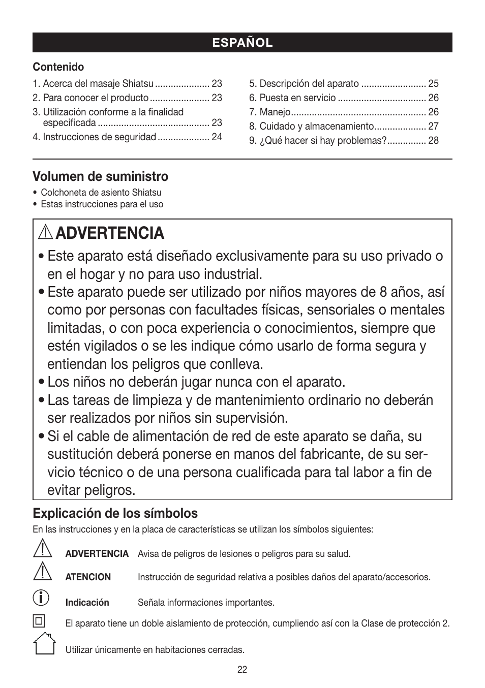 Advertencia | Beurer MG 250 User Manual | Page 22 / 60