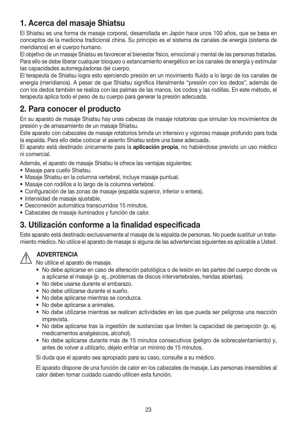 Acerca del masaje shiatsu, Para conocer el producto, Utilización conforme a la finalidad especificada | Beurer MG 250 User Manual | Page 23 / 60