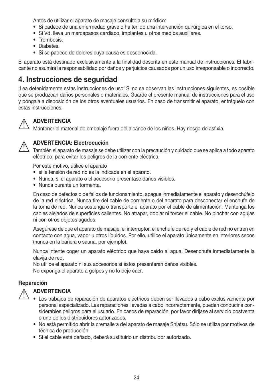 Instrucciones de seguridad | Beurer MG 250 User Manual | Page 24 / 60