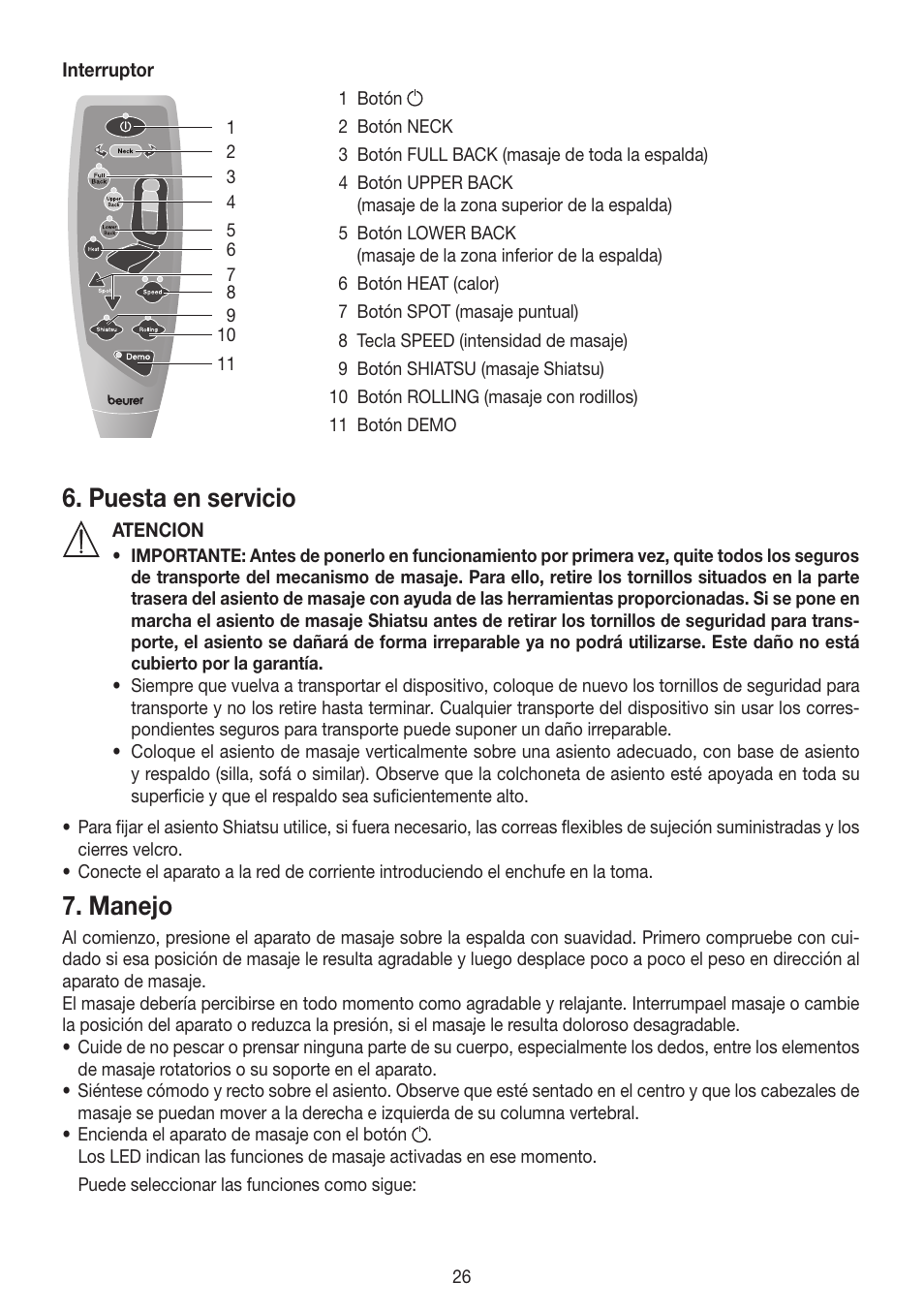 Puesta en servicio, Manejo | Beurer MG 250 User Manual | Page 26 / 60