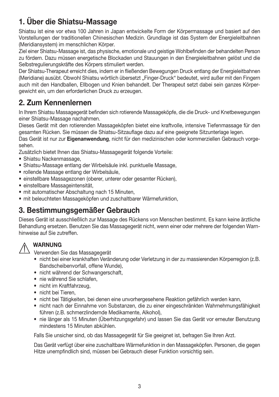 Über die shiatsu-massage, Zum kennenlernen, Bestimmungsgemäßer gebrauch | Beurer MG 250 User Manual | Page 3 / 60