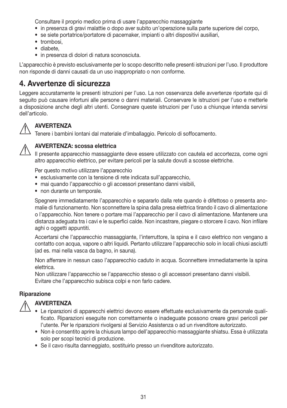 Avvertenze di sicurezza | Beurer MG 250 User Manual | Page 31 / 60