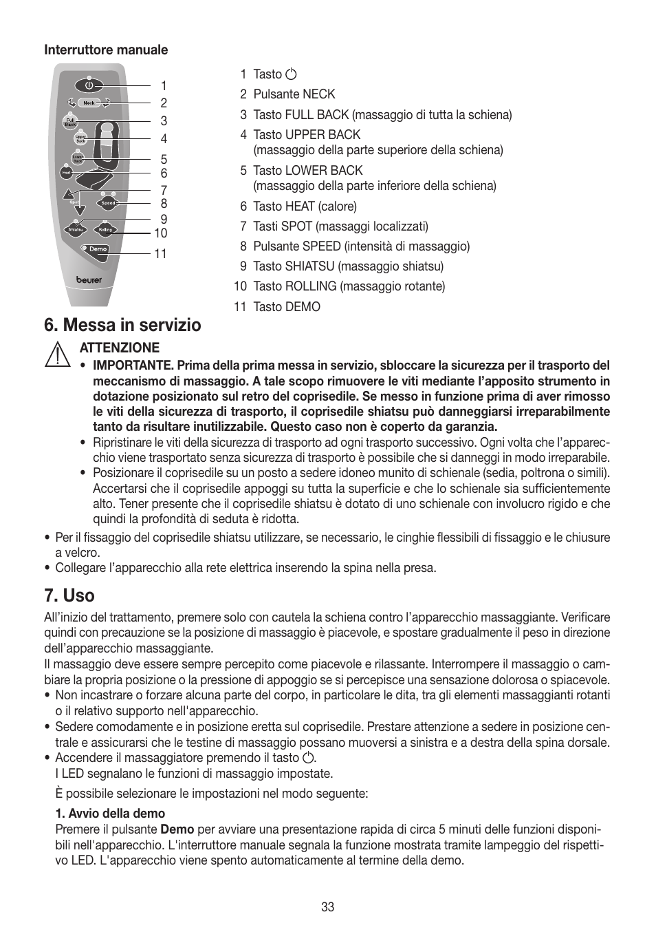 Messa in servizio | Beurer MG 250 User Manual | Page 33 / 60