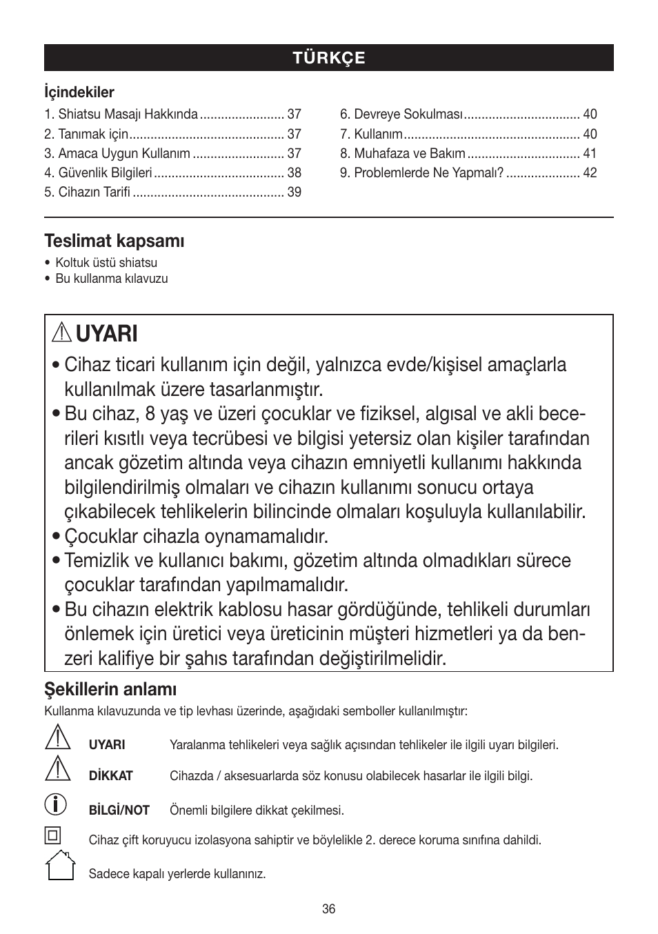 Uyari | Beurer MG 250 User Manual | Page 36 / 60