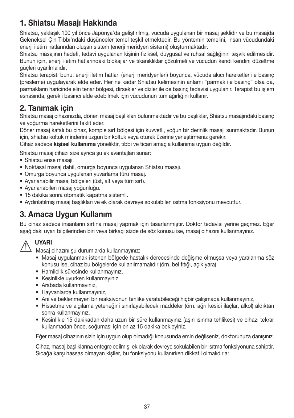 Shiatsu masajı hakkında, Tanımak için, Amaca uygun kullanım | Beurer MG 250 User Manual | Page 37 / 60