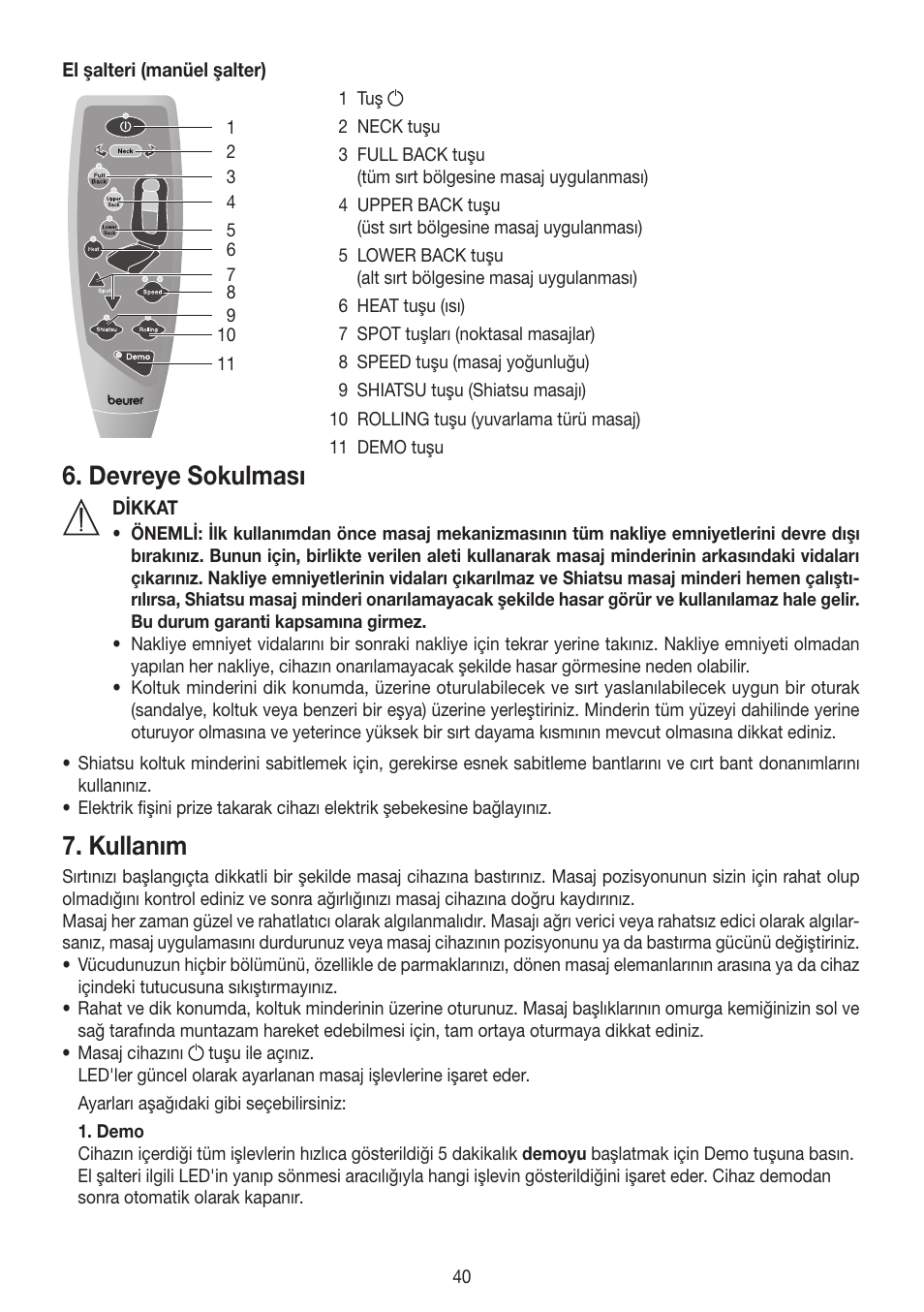 Devreye sokulması, Kullanım | Beurer MG 250 User Manual | Page 40 / 60