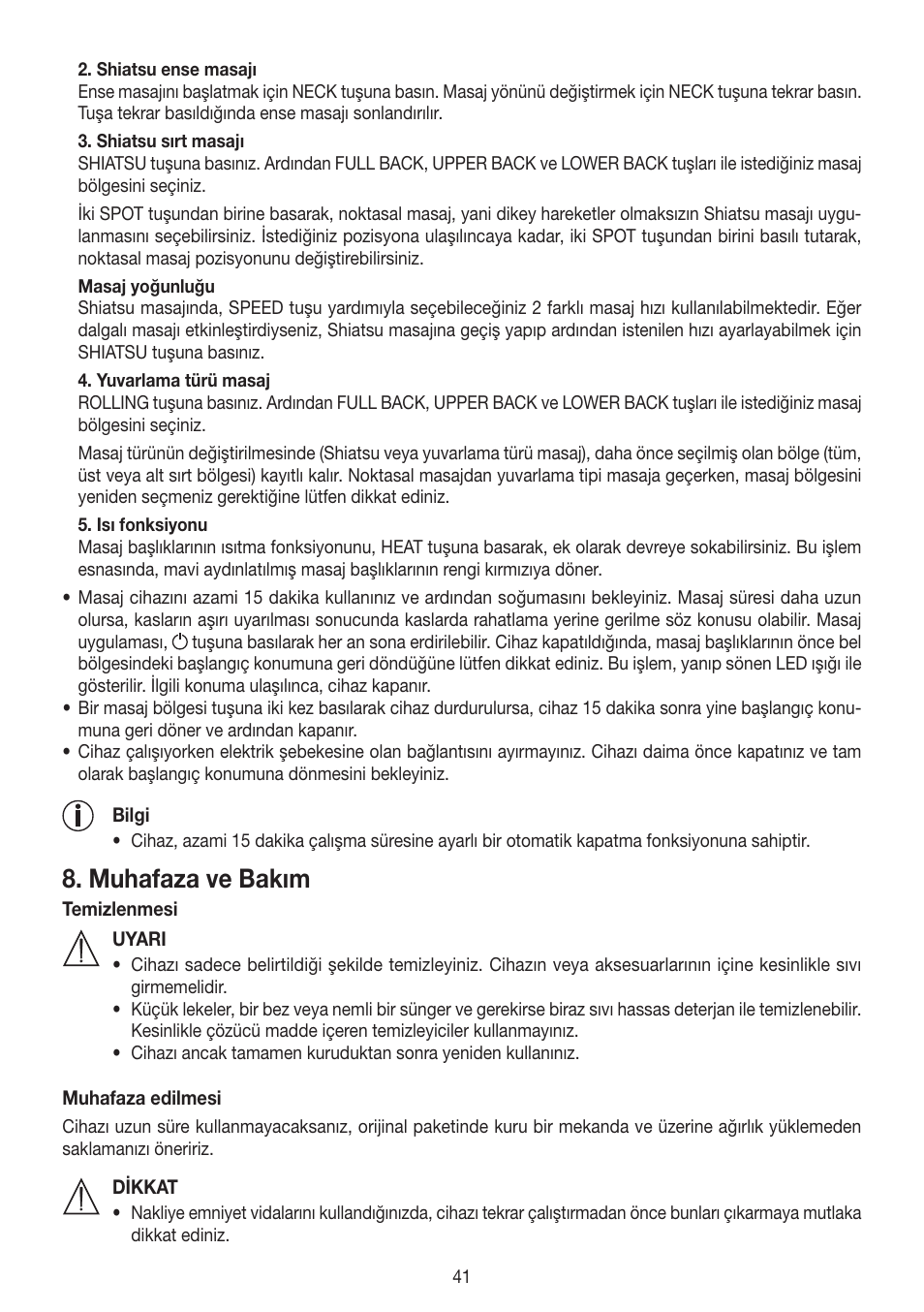 Muhafaza ve bakım | Beurer MG 250 User Manual | Page 41 / 60