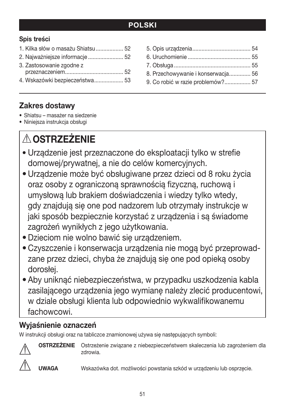 Ostrzeżenie | Beurer MG 250 User Manual | Page 51 / 60