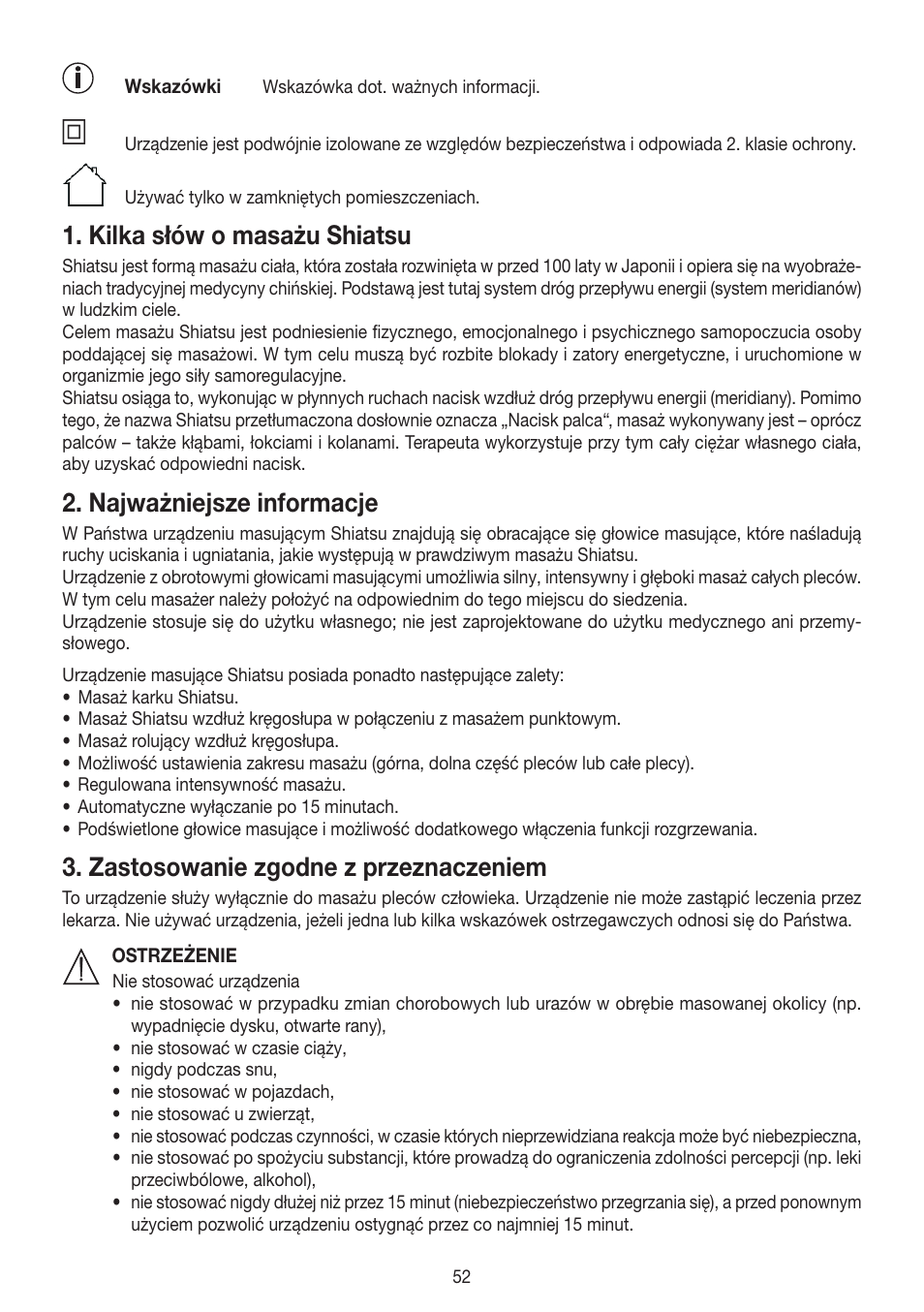 Kilka słów o masażu shiatsu, Najważniejsze informacje, Zastosowanie zgodne z przeznaczeniem | Beurer MG 250 User Manual | Page 52 / 60