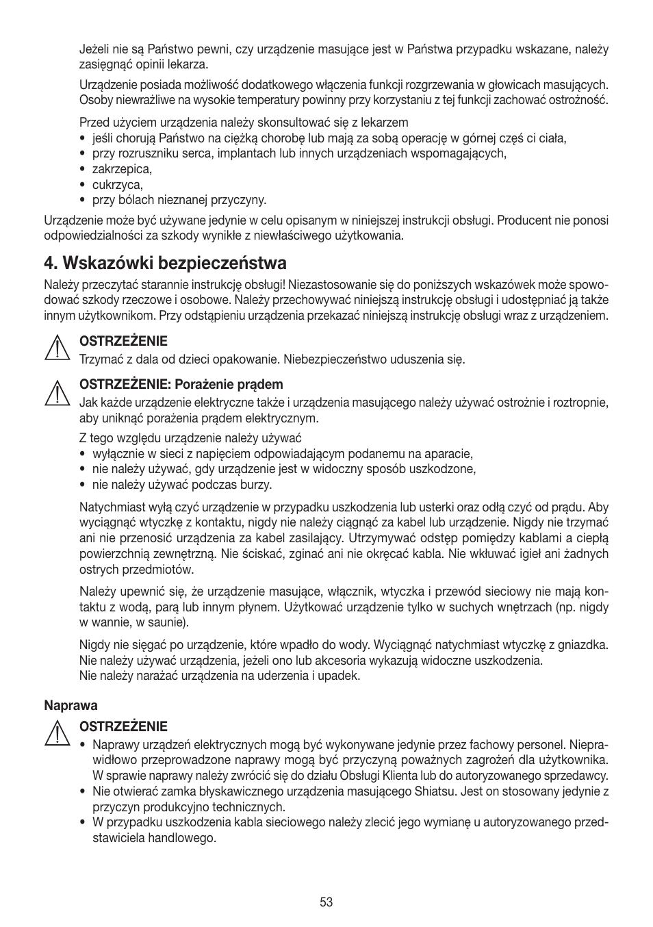 Wskazówki bezpieczeństwa | Beurer MG 250 User Manual | Page 53 / 60