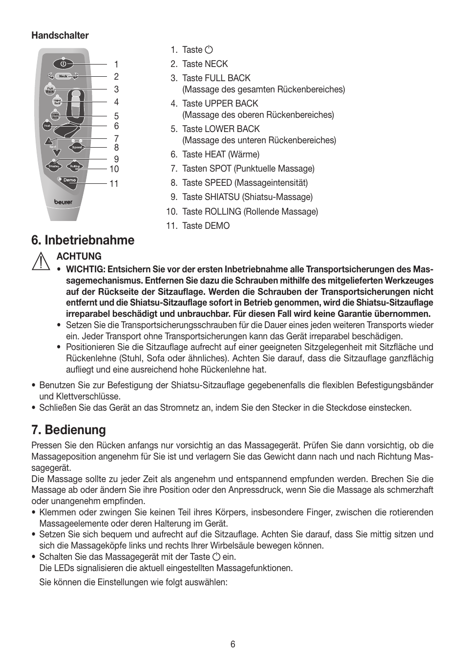 Inbetriebnahme, Bedienung | Beurer MG 250 User Manual | Page 6 / 60