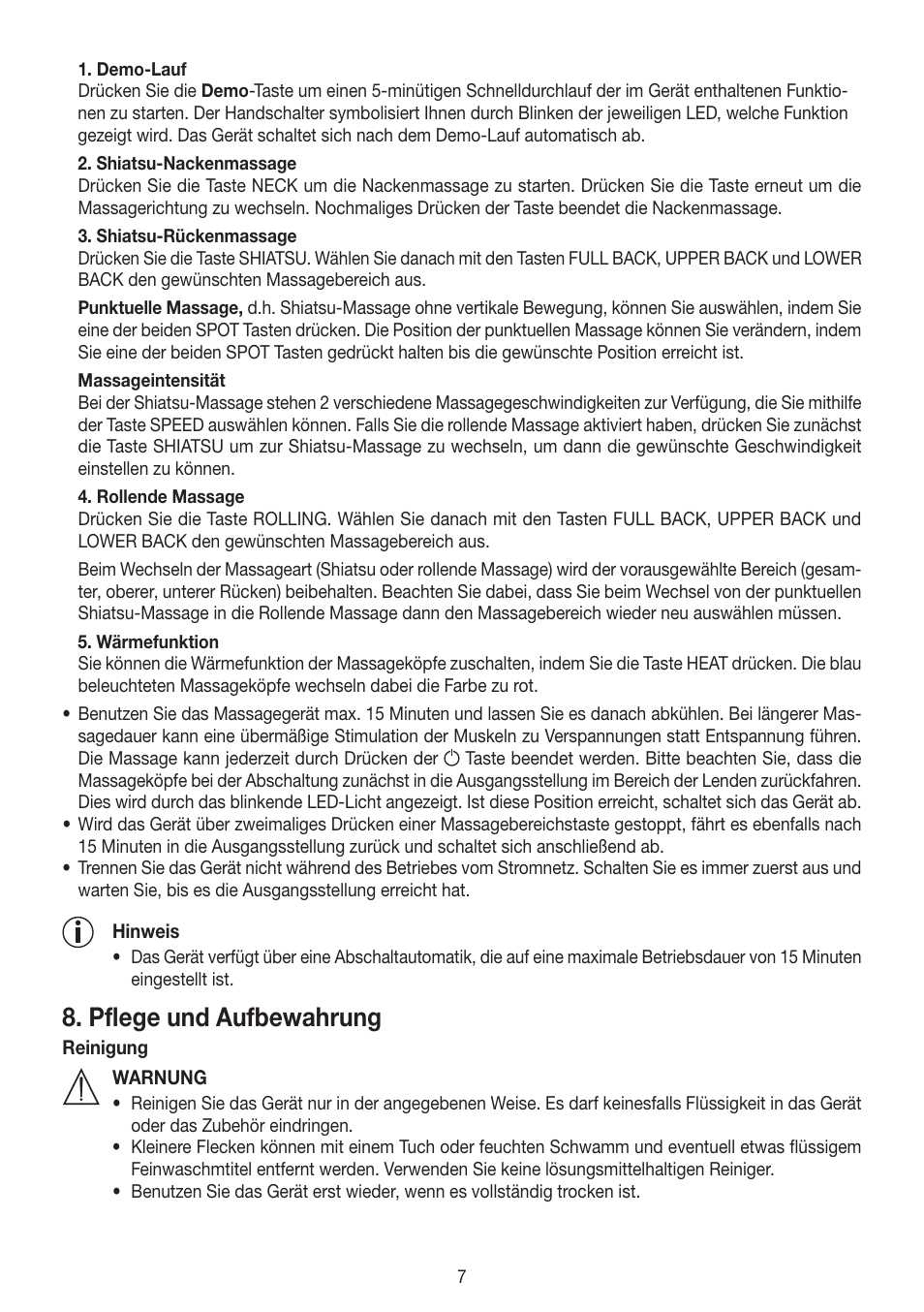 Pflege und aufbewahrung | Beurer MG 250 User Manual | Page 7 / 60