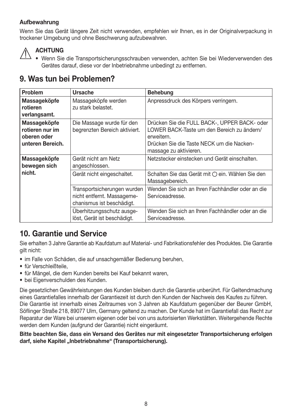 Was tun bei problemen, Garantie und service | Beurer MG 250 User Manual | Page 8 / 60