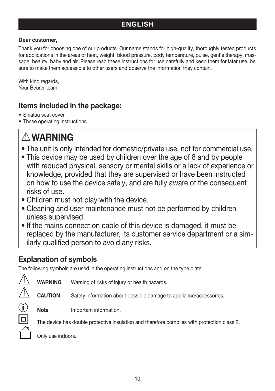 Warning, Items included in the package | Beurer MG 260 User Manual | Page 10 / 60