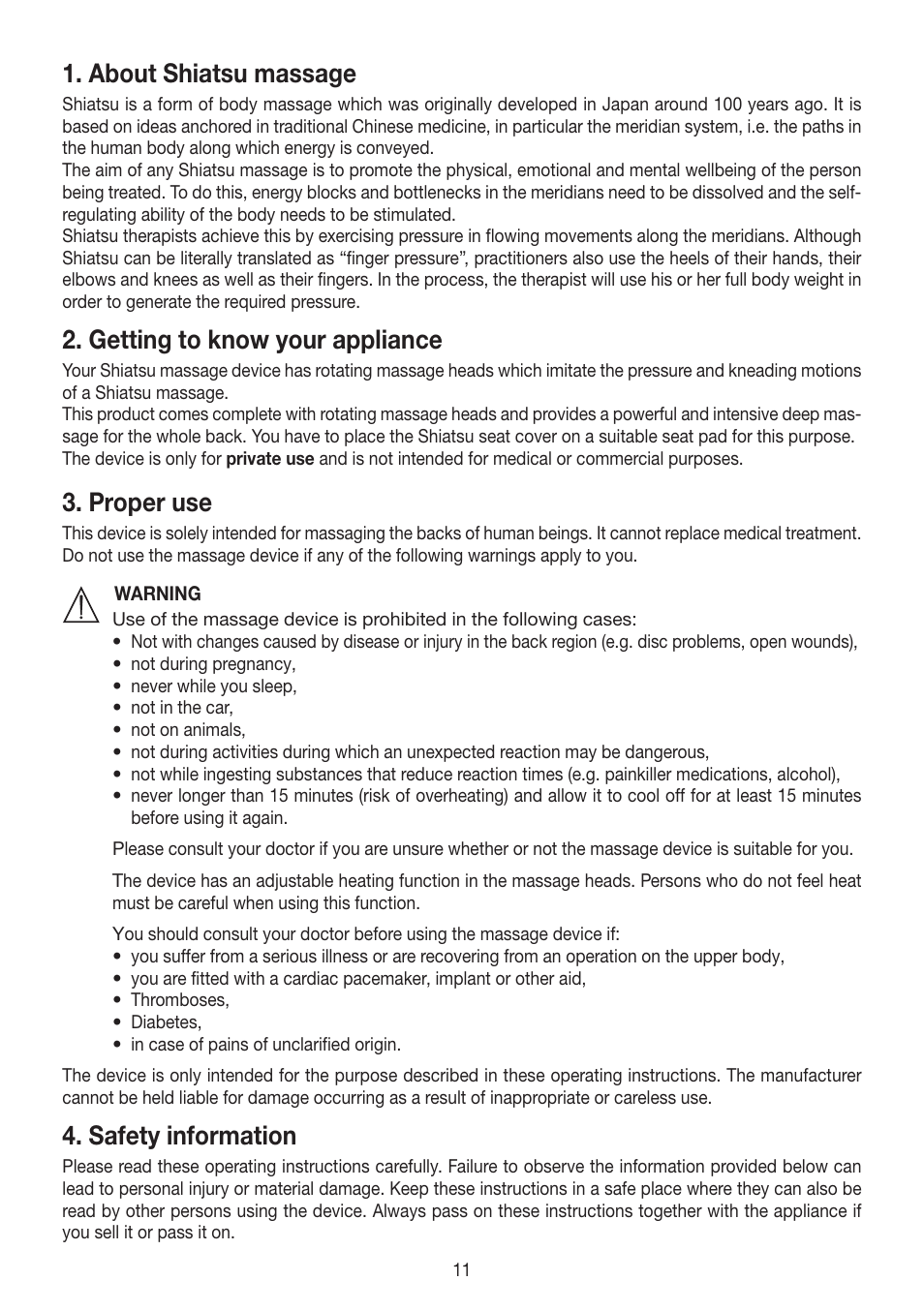 About shiatsu massage, Getting to know your appliance, Proper use | Safety information | Beurer MG 260 User Manual | Page 11 / 60