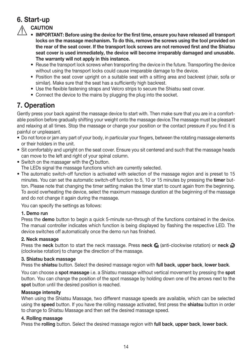 Start-up, Operation | Beurer MG 260 User Manual | Page 14 / 60